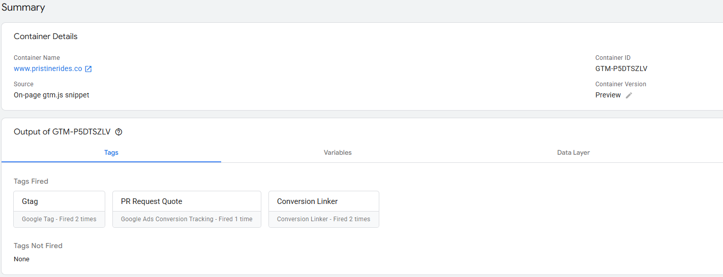 Google Tag Manager preview mode showing conversion tags firing on pristinerides.co