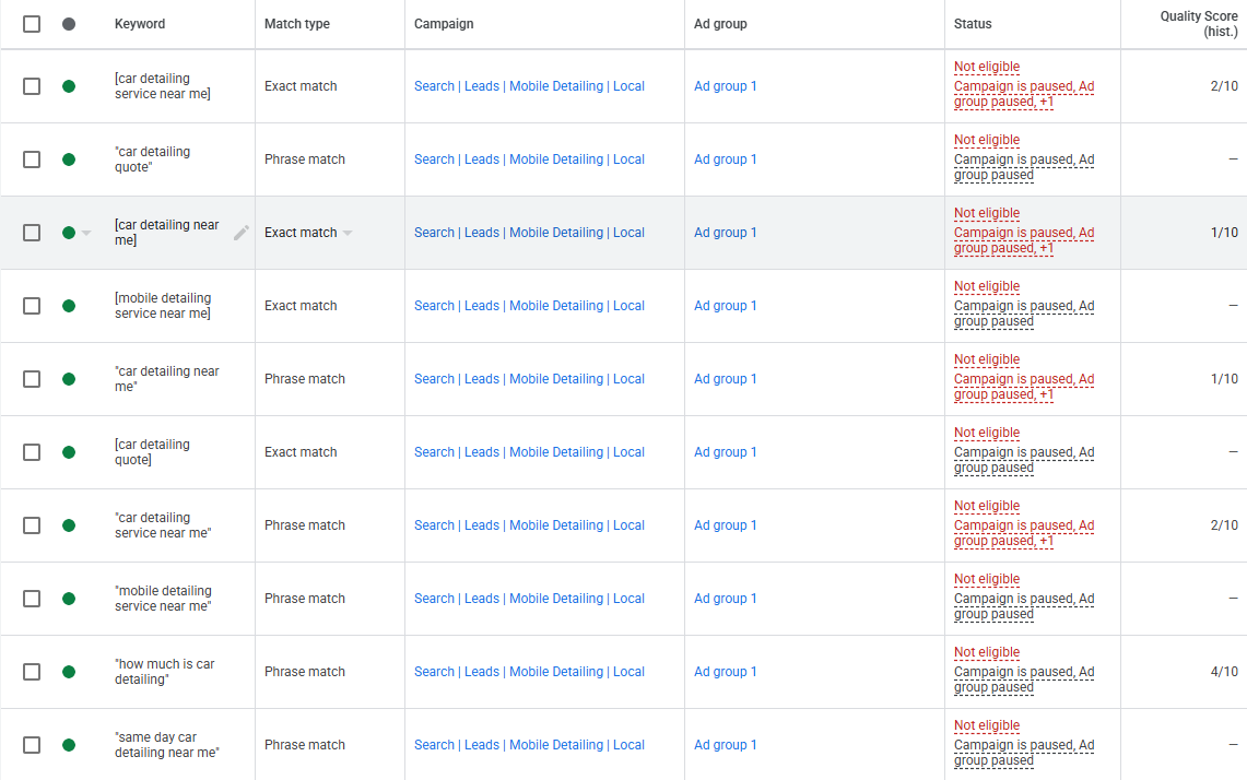 Google Ads keyword table showing Quality Scores of 1-2 out of 10 on core near me keywords